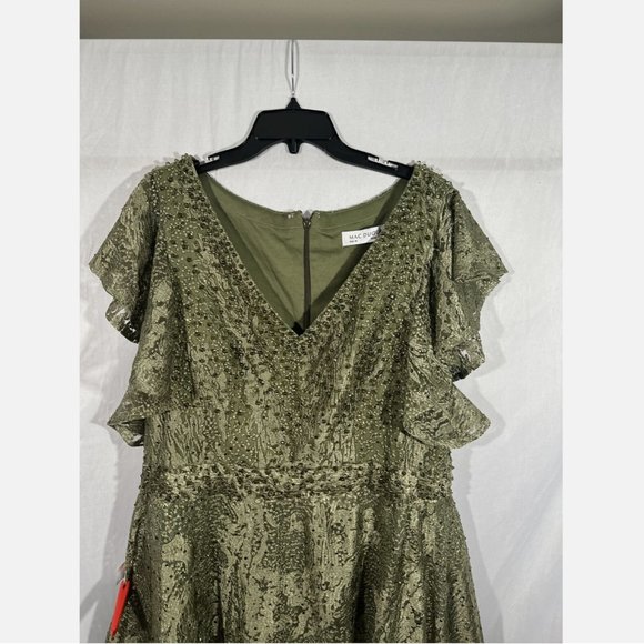 NWT $798 Mac Duggal [ 16‎ ] Embroidered Flutter Sleeve V-Neck Gown Olive Green - Picture 7 of 16